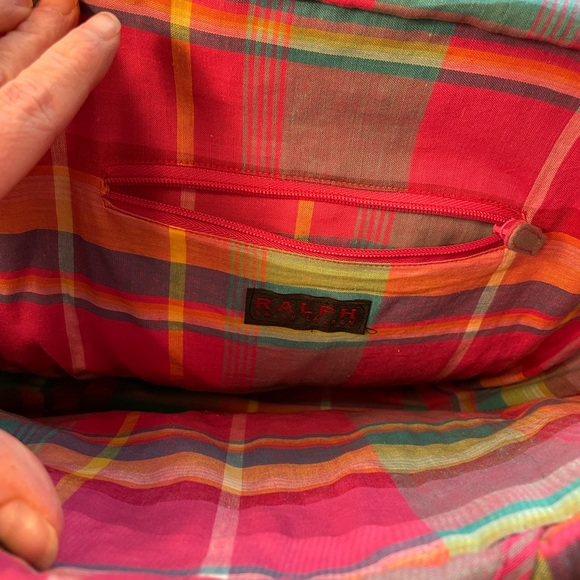 VINTAGE Ralph Lauren pastel plaid linen lined basket straw raffia tote bag - Picture 4 of 9
